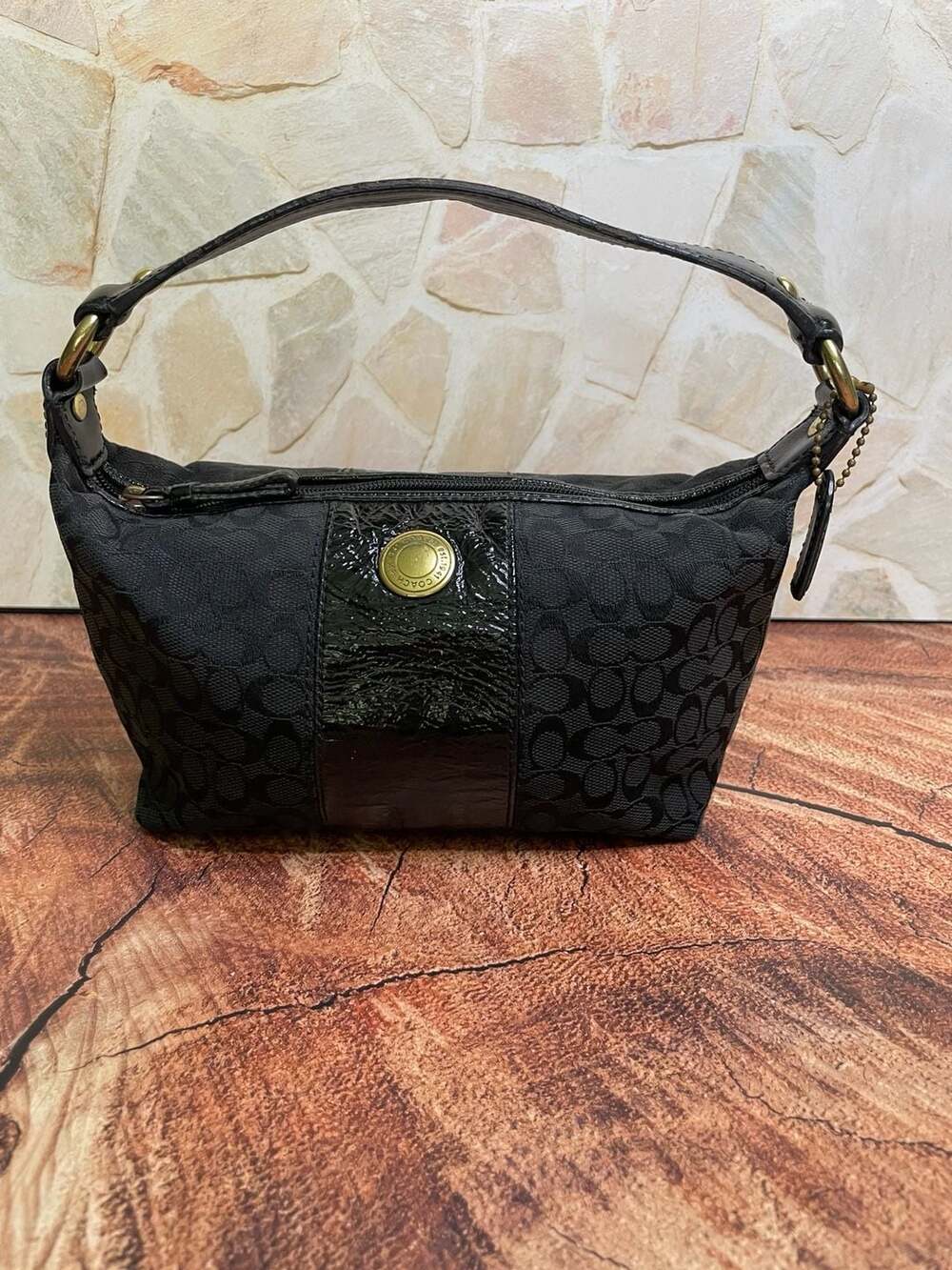 Coach Signature Monogram Black C Print Patent Leather Trim Mini Shoulder Bag